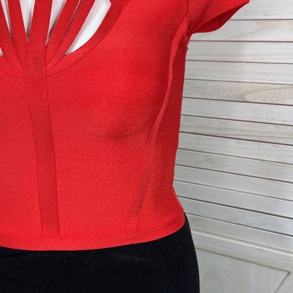 Bebe Cutouts Cage Bodycon Bandage Top Cap Sleeve Cherry Red Large - Picture 6 of 13